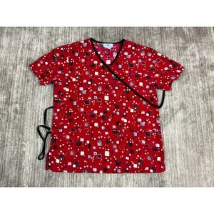 SB Scrub Top Womens Small Red Short Sleeve Geometric V-Neck